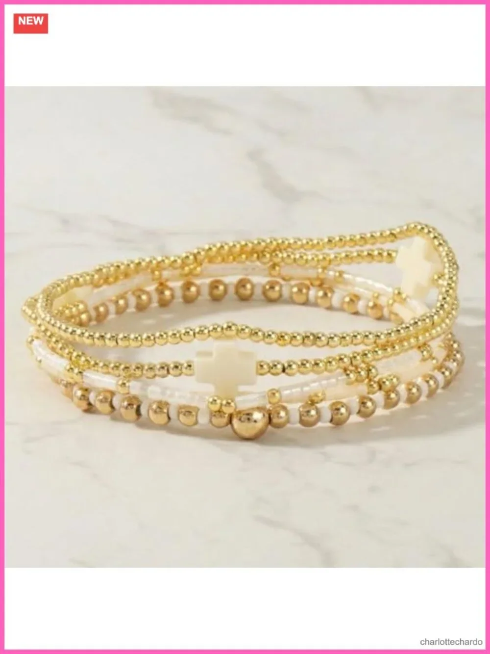 Gold Plated Beaded Bracelet Stack Cross Charm Stretch Bracelet Boho Christian